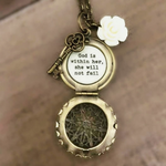 Vintage Rose & Key Locket - "God Is Within Her She Will Not Fail"