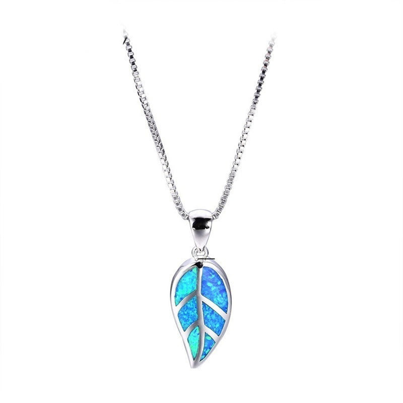 Silver Heavy Chain Blue Leaf Fire Opal Pendant Necklace