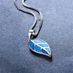 Silver Heavy Chain Blue Leaf Fire Opal Pendant Necklace