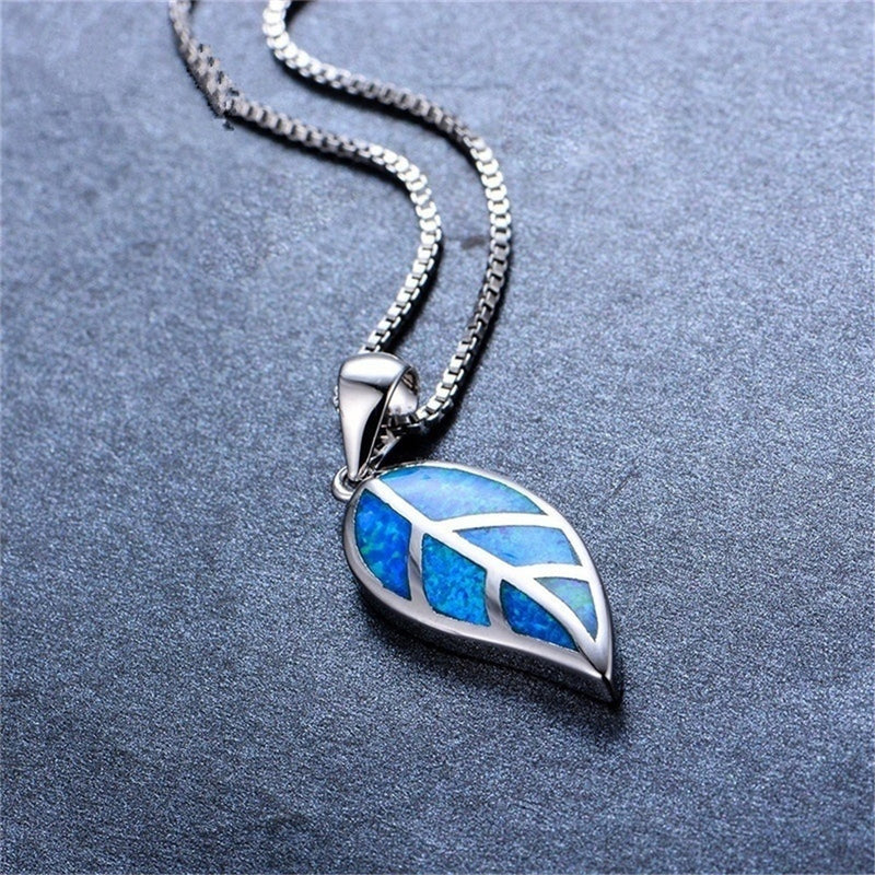 Silver Heavy Chain Blue Leaf Fire Opal Pendant Necklace