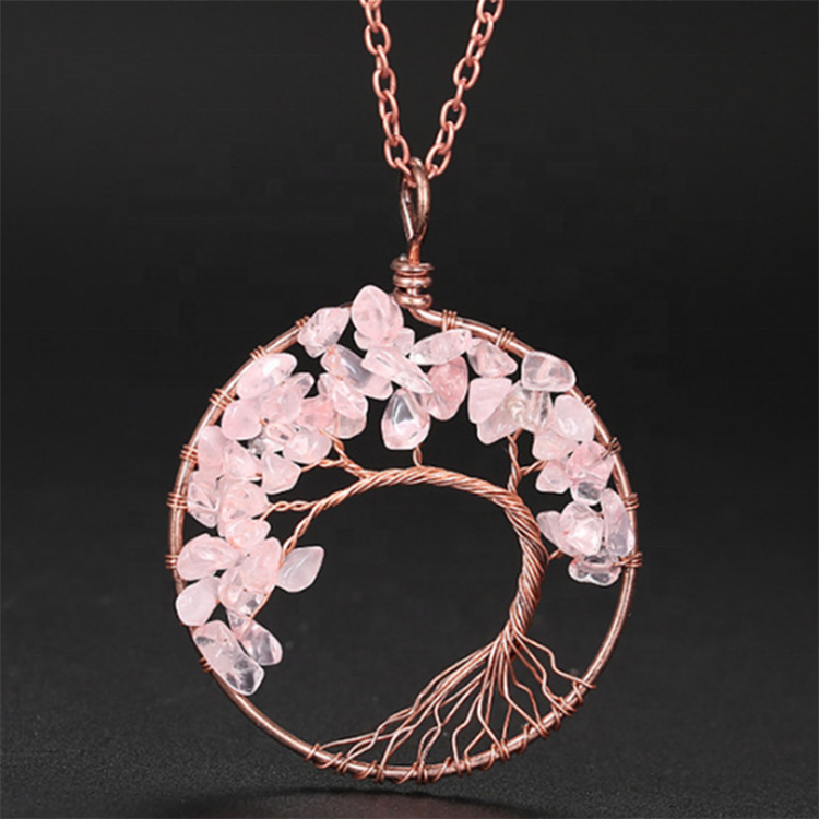 Handmade Bohemian Tree of Life Wire Quartz Stone Necklace w/ Copper Chain - Fire Orange