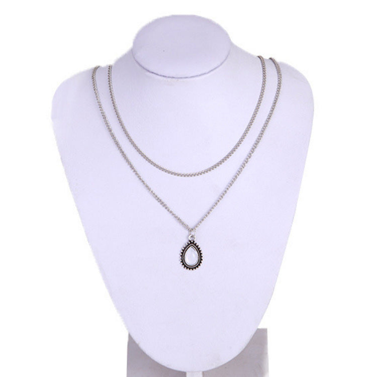 Vintage Style Silver Layered Drop Stone Necklace