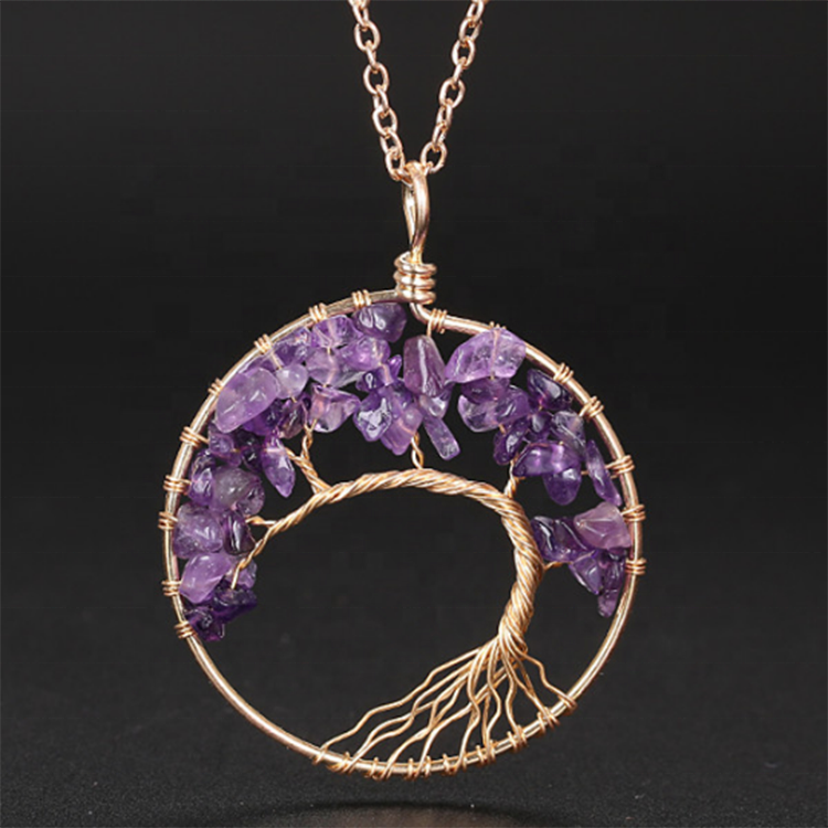 Handmade Bohemian Tree of Life Wire Quartz Stone Necklace w/ Copper Chain - Deep Purple