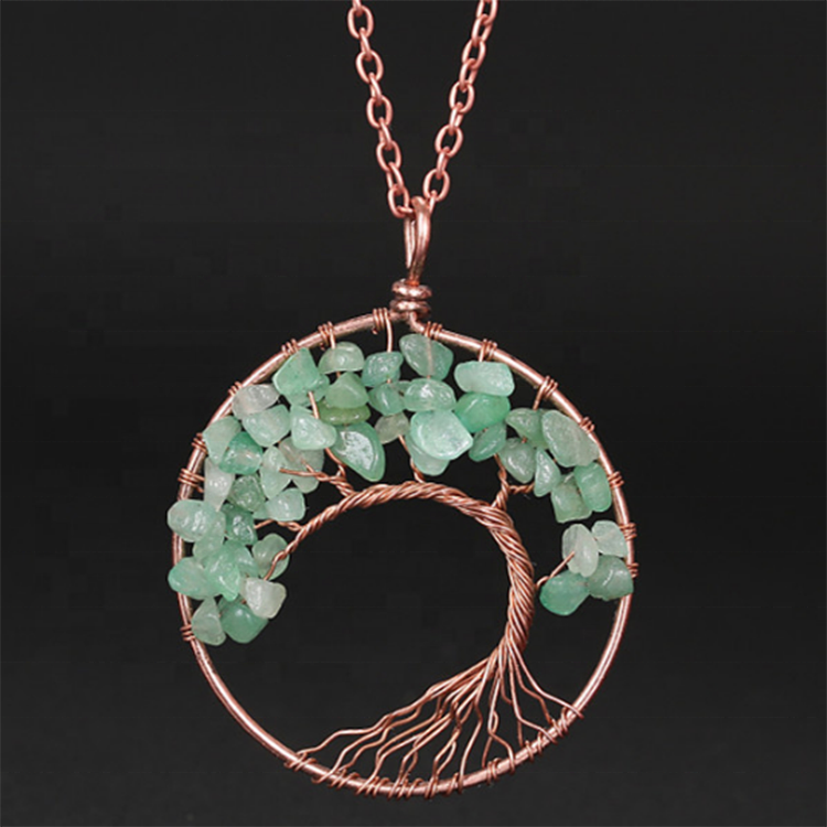 Handmade Bohemian Tree of Life Wire Quartz Stone Necklace w/ Copper Chain - Turquoise