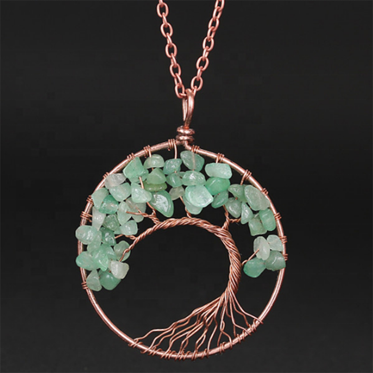 Handmade Bohemian Tree of Life Wire Quartz Stone Necklace w/ Copper Chain - Deep Purple