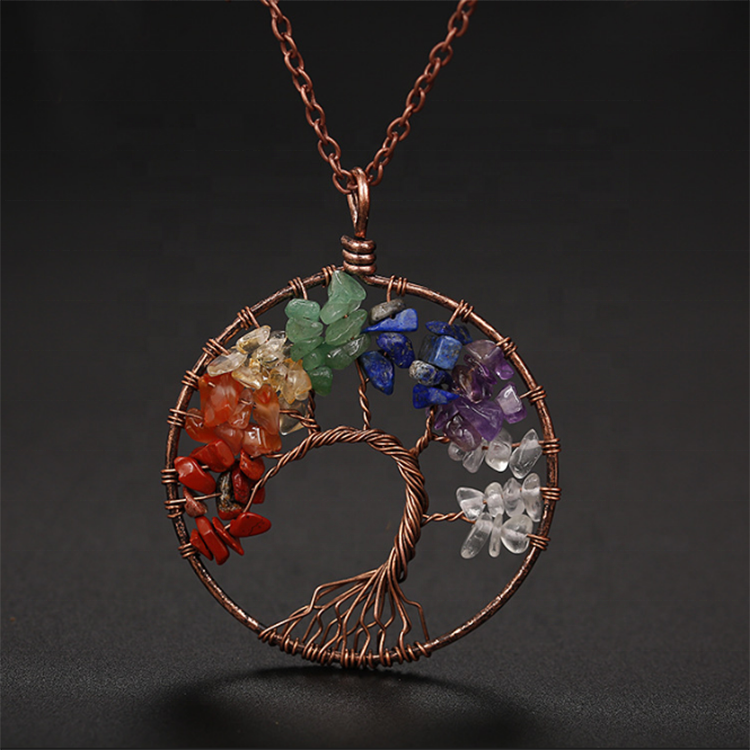 Handmade Bohemian Tree of Life Wire Quartz Stone Necklace w/ Copper Chain - Deep Purple