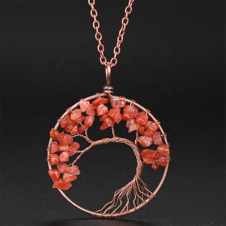 Handmade Bohemian Tree of Life Wire Quartz Stone Necklace w/ Copper Chain - Deep Purple