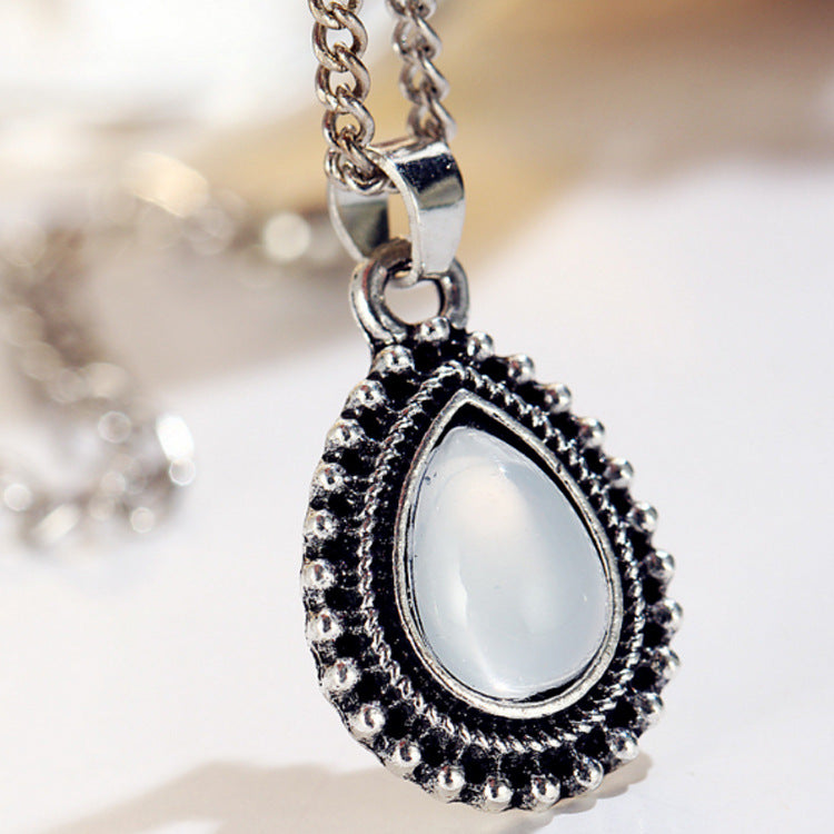 Vintage Style Silver Layered Drop Stone Necklace