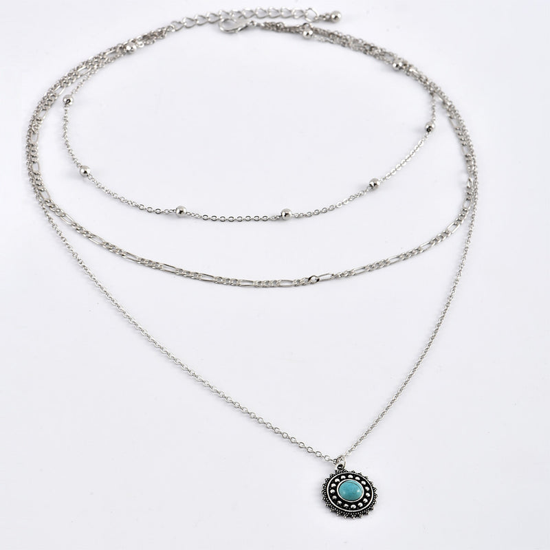 Vintage Style Three Tier Layered Choker Silver & Turquoise Necklace