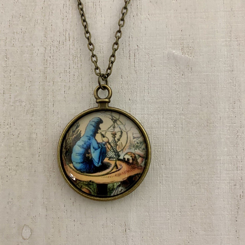 Alice in Wonderland Art -  Caterpillar On Mushroom Double Sided Glass Pendant