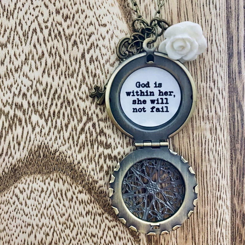 Vintage Rose & Key Locket - "God Is Within Her She Will Not Fail"