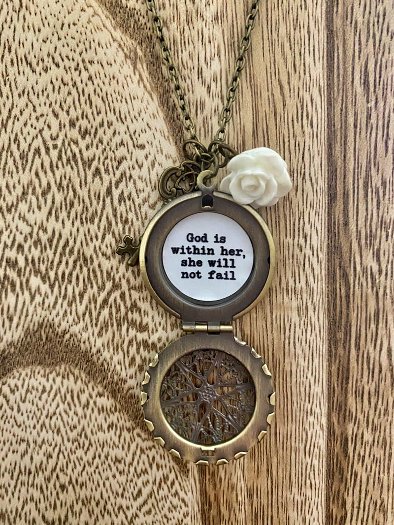 Vintage Rose & Key Locket - "God Is Within Her She Will Not Fail"