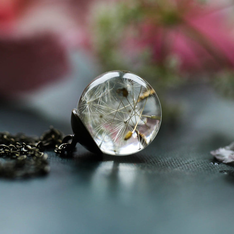 Handmade Dandelion Seed Encased in Glass Orb with attached  "Wish" Charm