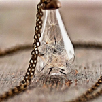 Handmade Floating Dandelion Seeds Teardrop Vintage Necklace