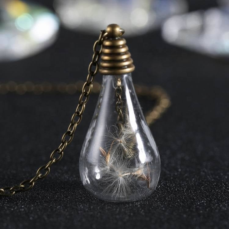 Handmade Floating Dandelion Seeds Teardrop Vintage Necklace