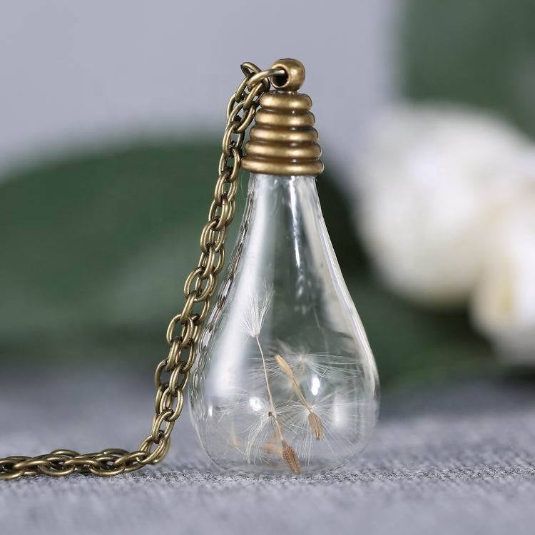 Handmade Floating Dandelion Seeds Teardrop Vintage Necklace