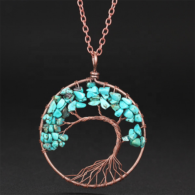Handmade Bohemian Tree of Life Wire Quartz Stone Necklace w/ Copper Chain - Turquoise